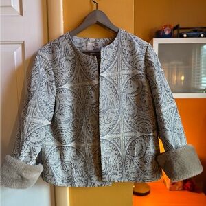 Chico's Gray Patterned Cape with Faux Fur Cuffs